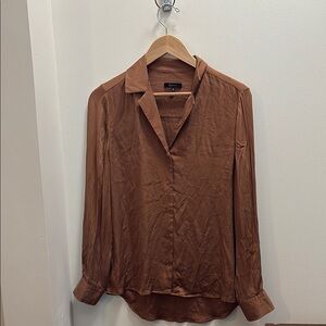 Quince Washable Stretch Silk Notch Collar Blouse in copper brown